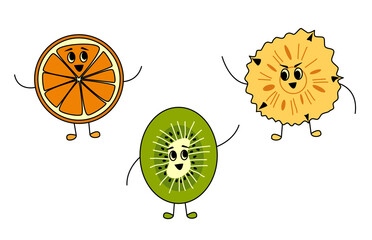 Cute fruit friends in cartoon style. Orange, kiwi and pineapple vitamin characters smiling and waving hello together