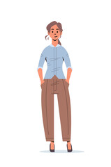 young girl in casual clothes holding hands in pockets female cartoon character standing pose vertical