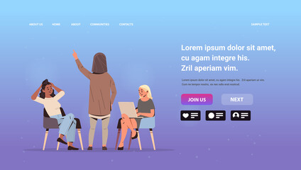 women group discussing during meeting mix race business women having conversation horizontal copy space