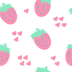 strawberries and hearts seamless pattern hand drawn in cartoon flat style. vector. wallpaper, textile, wrapping paper, background.
