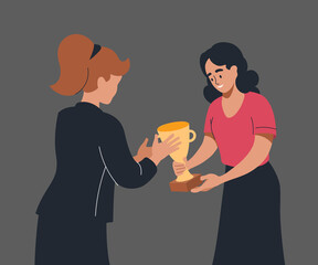 Winners. The woman hands over the cup. The girl receives a victory cup. Vector image.