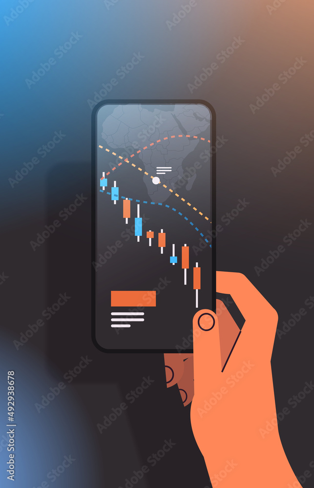 Poster trader hand analyzing falling down stock market trading graph candlestick chart on smartphone screen