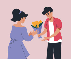 People with flowers. A man gives a bouquet of flowers to a woman. Vector image.