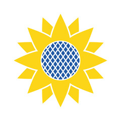 The sunflower flower icon. The silhouette of a sunflower in yellow-blue flowers, symbolizing the yellow field and the sky. A symbol of agriculture. Vector illustration isolated on a white background.