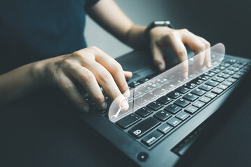 SEO Search engine optimization, Search technology, women's hands using a computer keyboard to search for information, using websites search bar to find the desired information or shopping online.