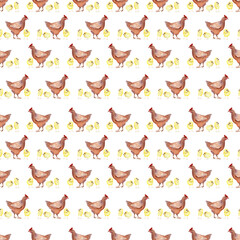 Watercolor seamless pattern with poultry, chickens, roosters and eggs