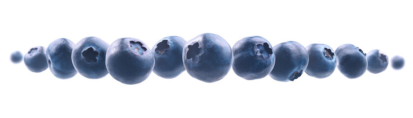 Ripe blueberries levitate on a white background