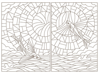 Set contour illustrations of stained glass with flying fish  on the sea background ,cloud, sky and sun, dark outlines on white background