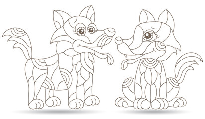 A set of contour illustrations in the style of stained glass with cute cartoon dogs, dark contours on a white background