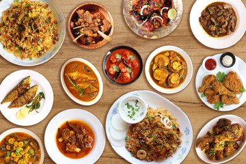 Assorted Indian non vegetarian dishes. Nonveg food banner. Chicken fry, Tandoori, Biryani, Fried...