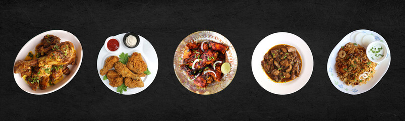 Assorted Indian chicken dishes. Nonveg food banner. Chicken fry, Tandoori, Biryani, Fried chicken, Liver masala, egg curry, bhurji, fried egg. food items over black background with copy space. 