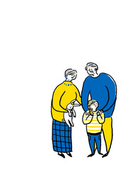 小さい子供とシニア男性と女性、孫と祖父母、カラー（縦、右下配置）