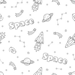Cosmos doodle is a set of vector illustrations. Seamless pattern icons of space elements rocket cosmonaut stars satellite telescope comet.