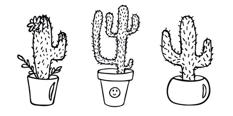 Set of cute hand drawn simple cactus. Houseplant in a pot clipart. Cacti illustration isolated on white background. Cozy home doodle.