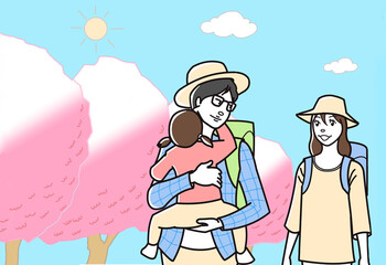 Fototapeta premium 子供を抱いて桜の下をトレッキングする夫婦
