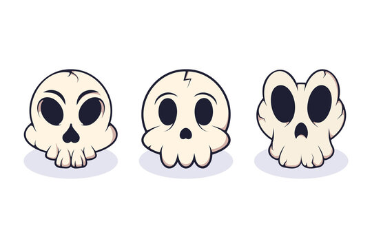 Collection of modern vector illustrations of cute cartoon skeletons with big oval eyes and teeth. High quality picture suitable for web design, mobile gaming, books, advertisements