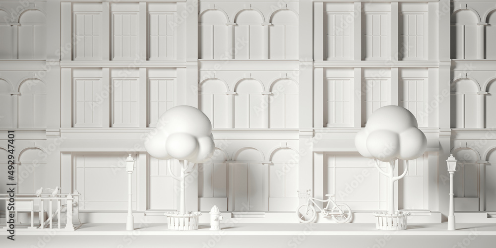 Poster minimal background for online real estate concept. white facade apartment with street element. 3d re