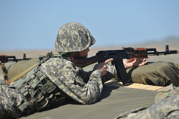 Almaty / Kazakhstan - 04.03.2012 : Soldiers are preparing to shoot at targets in the field. Military exercises of engineering troops.