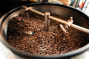 Roasted coffee beans in a cooling machine