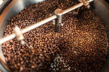 Roasted coffee beans in a cooling machine