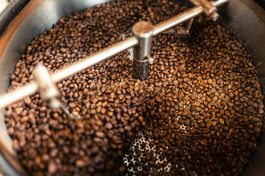 Roasted coffee beans in a cooling machine © artrachen