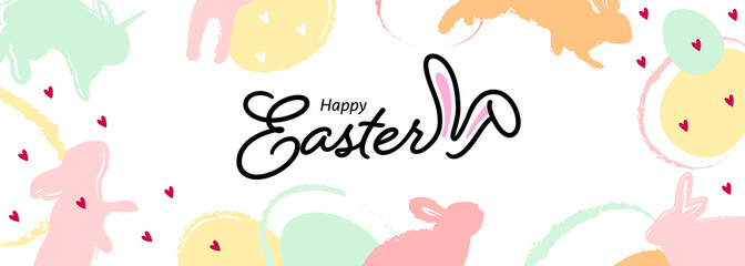 Happy easter banner design with easter egg and bunny in pastel colors. Modern style in horizontal poster, greeting card. Vector illustration.