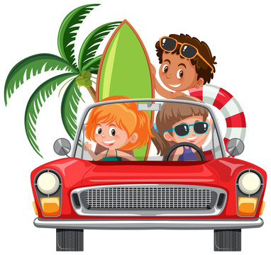 Children in classic car on white background