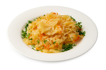 Stewed white cabbage on white plate isolated