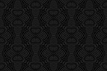 Decorative embossed black background, vintage cover design. Geometric ethnic 3D pattern, hand drawn style. National elements of creativity of the peoples of the East, Asia, India, Mexico, Aztecs.