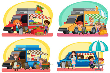 Flea market concept with set of different food trucks