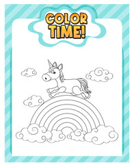 Worksheets template with color time! text and rainbow with Unicorn outline