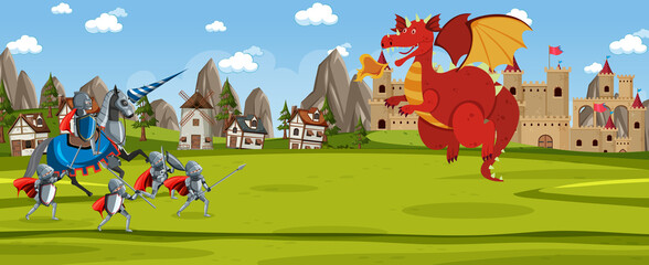 Scene with knight and dragon in fairytale land