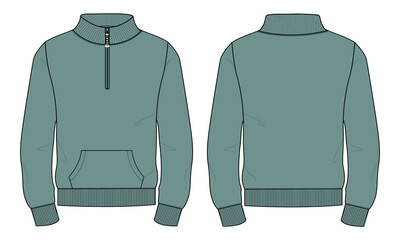 Long Sleeve with Stand Up Collar fleece jersey sweatshirt Jacket Technical Fashion flat sketch Vector illustration template Front and back views. Apparel Clothing design Green color Mock up Cad.