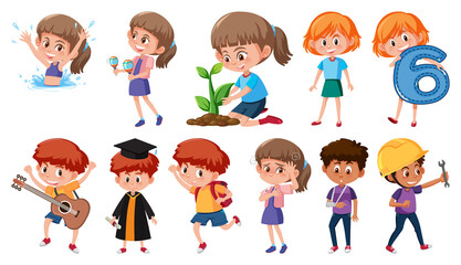 Set of children doing different activities on white background