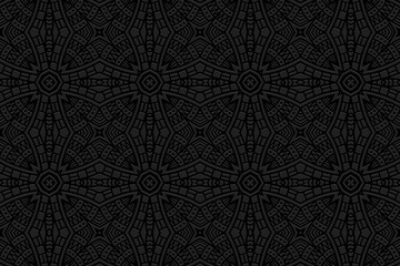 Creative embossed black background, vintage cover design. Geometric ethnic 3D pattern, hand drawn style. National elements of creativity of the peoples of the East, Asia, India, Mexico, Aztecs.