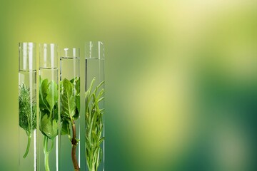 Plants in laboratory glass tube. Skincare products and drugs chemical researches concept