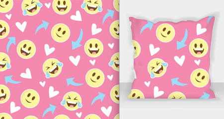 Colorful happy emoticon seamless pattern design. mockup pillow