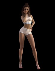 3D illustration of a beautiful woman with brown hair in a white bra and white skirt poses