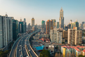 Naklejka na ściany i meble Aerial view of the traffic and skyscrapers in Shanghai, China.