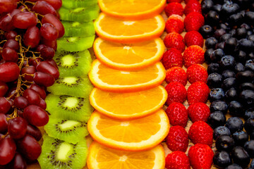 Fresh fruits concept, Arrangement in row of colorful fruits healthy as background