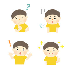 困って悩んでびっくりして解決した男の子の表情セット