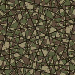 Seamless vector camouflage pattern with black lines and green or brown polygons. Hand drawn style. Background with brush strokes. 
