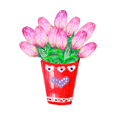 Watercolor illustration, a large bouquet of bright pink tulips in a decorative bucket