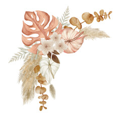 Watercolor boho tropical arrangement. Dried flowers composition. Pampas grass, monstera, palm leaf, pink rose. © LuckPicture