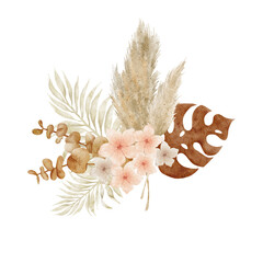 Watercolor boho tropical arrangement. Dried flowers composition. Pampas grass, monstera, palm leaf, pink rose. © LuckPicture