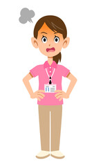 半袖のポロシャツ姿でネームタグを身に着けた女性スタッフの怒りの表情
