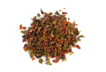 Dehydrated or Dried Bell Pepper Pieces in Red and Green in Top Down Shot
