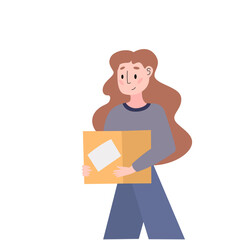 The girl is carrying a box. Woman hold cardboard box. Vector illustration.