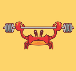 cute crab lifting weight. cartoon animal sports concept Isolated illustration. Flat Style suitable for Sticker Icon Design Premium Logo vector. Mascot character - obrazy, fototapety, plakaty
