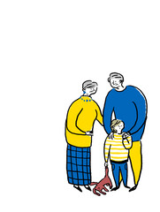 小さい子供と悲しむシニア男性と女性、孫と祖父母、カラー（縦、右下配置）